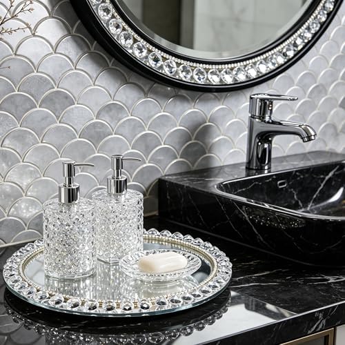 Large Round Crystal Tray, 12"x12" Silver Rotatable Perfume Tray
