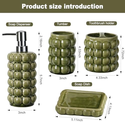 4 Piece Ceramic Bathroom Accessories Set –Soap Dispenser,Toothbrush Holder,Tumbler & Soap Dish,Includes Silicone Funnel,Non-Slip,Modern Farmhouse Countertop Organizer Set for Bathroom Decor, Green