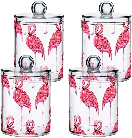 2 Pack Apothecary Jars Bathroom Pink Flamingo Qtip Holder Storage Canister Clear Plastic Jar with Lid for Cotton Ball, Cotton Swab