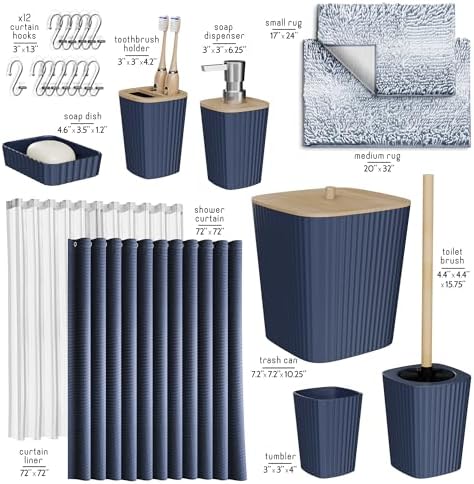 Clara Clark Bathroom Accessories Set - Bathroom Set, Bathroom Sets with Shower Curtain and Rugs, Shower Curtain Set with Bathroom Trash Can - Ombre Navy - 22PC