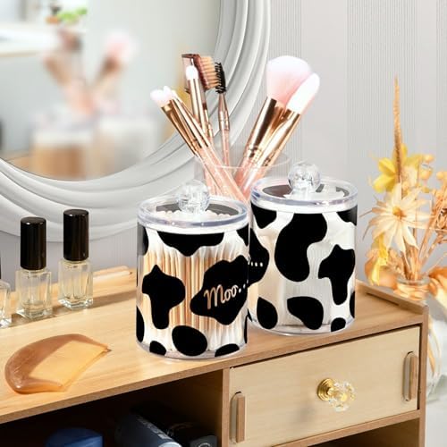 2 Pack Plastic Qtips Holder Cow Print Red Heart Bathroom Organizer Canisters for Cotton Balls/Swabs/Pads/Floss,Plastic Apothecary Jars for Vanity