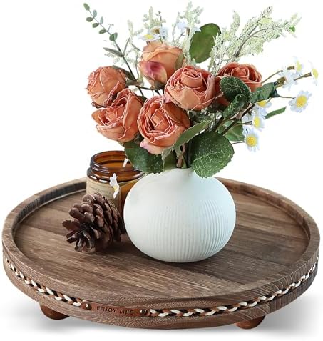 Round Wooden Decorative Tray Coffee Table Tray Home Decor 11.8"Strip Rustic
