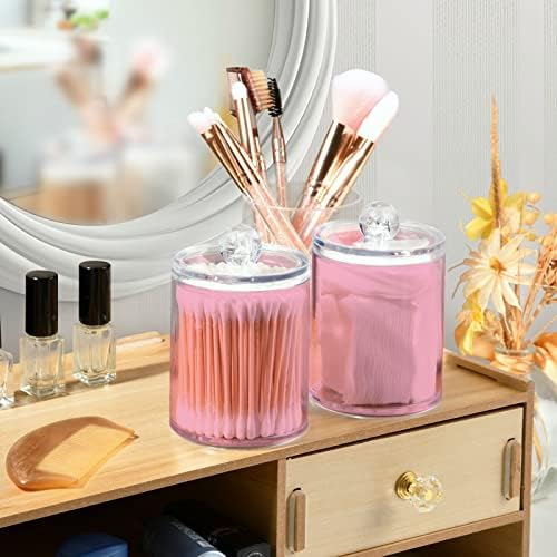 DOMIKING Pink 2 Pack Cotton Swab Holder Dispenser Plastic Jar Bathroom Storage Canister Acrylic Containers for Floss Makeup Sponges Cotton Ball