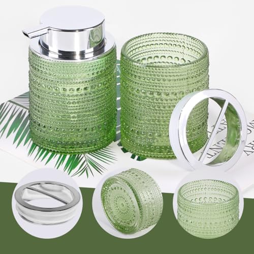 Green Bathroom Accessory Set, Glass Toothbrush Holder and Soap Dispenser Set, Foaming Soap Dispenser, Toothbrush and Toothpaste Holder, Bathroom Tumbler Cup for Countertop Decor