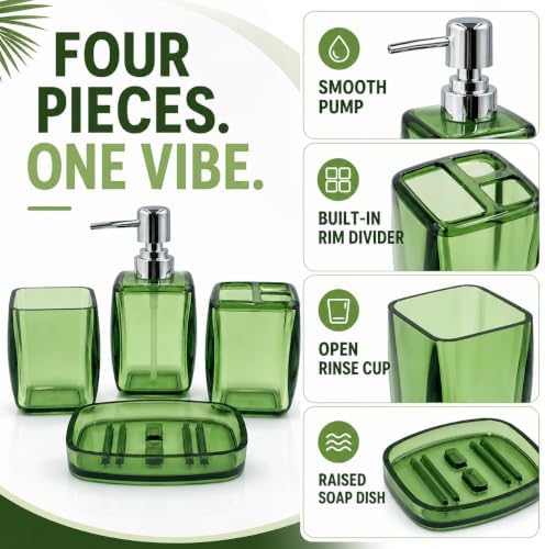 LGURT 4pc Green Acrylic Bathroom Set — Soap Dispenser & Divided Cup