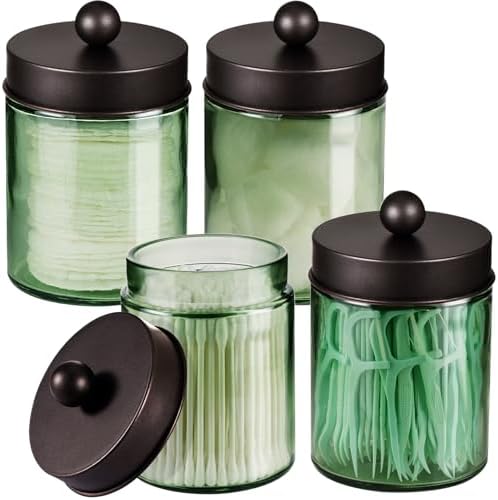 Amolliar Green Glass Apothecary Jar, Qtip Holder for Bathroom, Bronze 4Pack