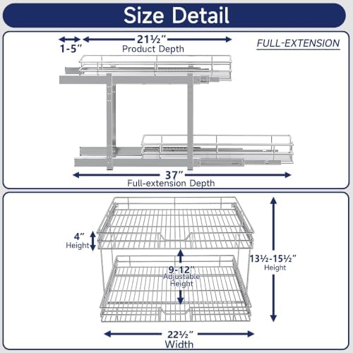 2-Tier Pull Out Cabinet Organizer, 22.5" W x 21.5" D, Heavy Duty Dual Slide Out Shelves for Wide Base Cabinets, Chrome Wire Basket Drawer for Pots, Pans, Pantry & Cleaning Supplies