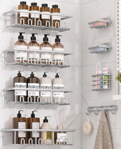 8 Pack Adhesive Large Capacity No-Drilling Shower Caddy, Silver