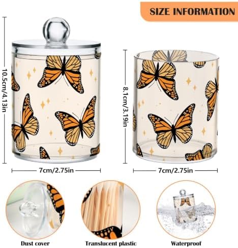 Fustylead 2 Pack Beautiful Monarch Butterflies and Glitter Stars Qtip Holder Dispensers, Plastic Apothecary Jar Bathroom Accessories Set for Cotton Ball, Swab, Round Pads, Floss