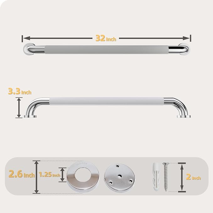 2 Pack 32 Inch Shower Grab Bar, Polished Chrome Bathroom Grab Bar Handle with Anti-Slip Knurled Grip, Stainless Steel Bath Balance Bar, 1.25" Diameter Bath Safety Bar Support for Seniors Elderly