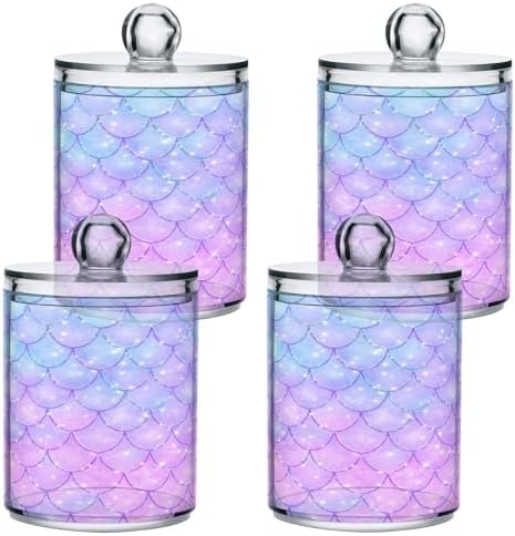 MNSRUU 4 Pack Qtip Holder Organizer Dispenser Pink Blue Mermaid Scales Bathroom Containers Bathroom Vanity Storage Canister Apothecary Jars for Cotton Swabs/Pads/Floss