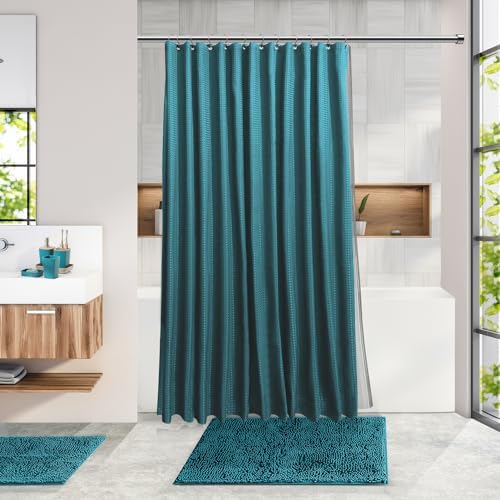 Clara Clark Bathroom Accessories Set - 27PC Bathroom Set with Adhesive Corner Shower Caddy Hanging, Bathroom Sets with Shower Curtain and Rugs, Teal Shower Curtain Set with Bathroom Trash Can