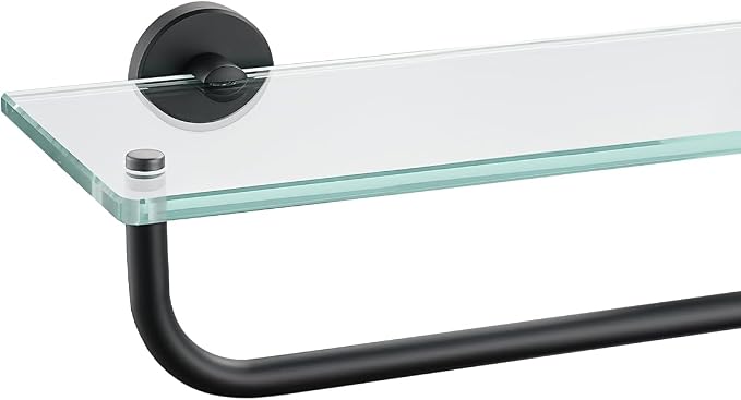 JQK Bathroom Glass Shelf, Shelf with 19 Inch Towel Bar Tempered Glass Shower Storage 20 by 5 inches, 304 Stainless Steel Matte Black Wall Mount, TGS100L20-PB