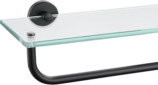 JQK Bathroom Glass Shelf, Shelf with 15 Inch Towel Bar Tempered Glass Shower Storage 16 by 5 inches, 304 Stainless Steel Matte Black Wall Mount, TGS100-PB