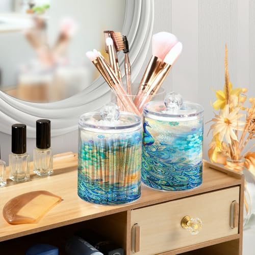 MNSRUU 4 Pack Qtip Holder Dispenser Peacock Bathroom Storage Canister Cotton Ball Holder Bathroom Containers for Cotton Swabs/Pads/Floss