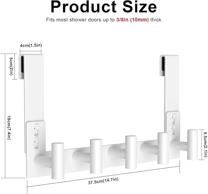 PMMASTO No-Drill Extra Long Shower Hooks, Fits 3/8" Thick Door, Heavy Duty Stainless Steel Towel Hooks for Frameless Glass Shower Door, Holds Bathrobe Towel (White, 5 T-Hooks)