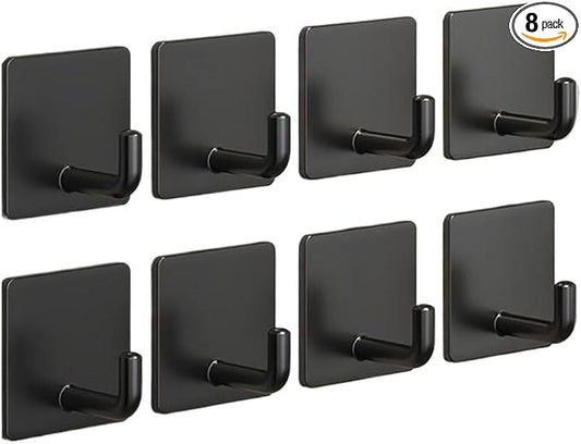 Adhesive Hooks for Hanging, Self-Adhesive Wall Hook for Key Hat Coat, No Drill Stick on Bathroom Towel Hooks, Shower Kitchen Door Home Outdoor 8 Pack, Black