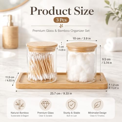 Glass Qtip Holder with Vanity Tray, Bathroom Tray Organizer Glass Qtip Holder, Cotton Round-Holder Glass-Apothecary Jars with Lids for Cotton Ball Round Swab Pad Hair Ties Floss Perfume Jewelry