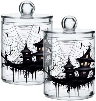 4 Pack Qtip Holder Dispenser with Lids, Halloween Spiderweb House Plastic Storage Containers, Bathroom Canisters Organizer for Cotton Ball, Swab, Round Pads, Floss 21214435