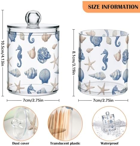 Seashells on Blue Board Qtip Holder Apothecary Jars Bathroom Storage Floss Makeup Organizer for Cotton Ball Swab Acrylic 2 Packs