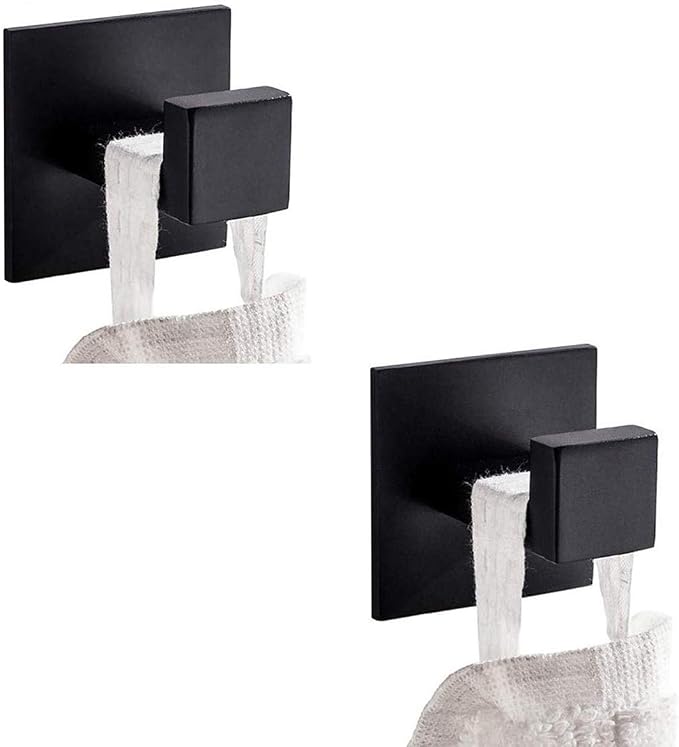 Flybath Coat Hook SUS 304 Stainless Steel Towel Robe Hooks Square Bathroom Accessories Wall Mounted Self Adhesive (No Drilling), Plating Matte Black - 2 Pack