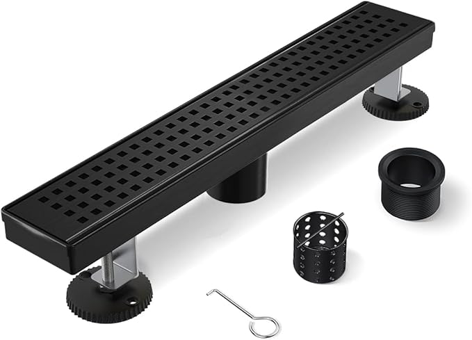 Shower Drain, 12 Inch Black Linear Shower Drain with Removable Square Hole Cover Grate, Modern 304 Stainless Steel Matte Black Shower Floor Drain with Adjustable Feet,Hair Filter