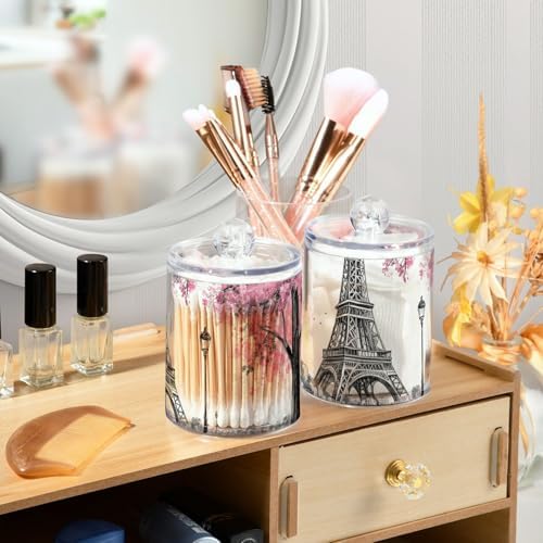 Apothecary Jars Bathroom Storage Organizer with Lid - 14 oz Qtip Holder Dispenser, Pink Paris Tower Clear Plastic Canister for Cotton Swab, Cotton Ball, 2PCS