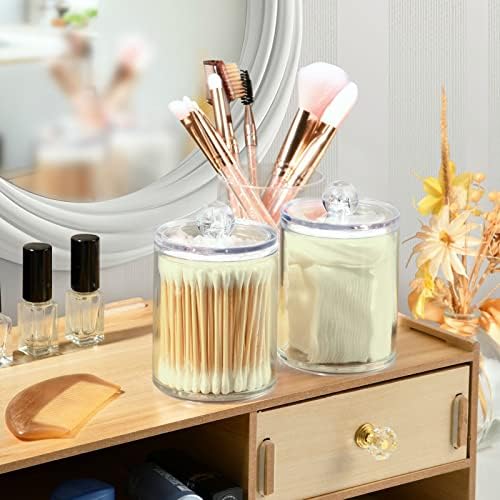 SHJI Beige Qtip Holder Organizer Dispenser Cotton Swabs Cans Plastic Jars with Lid Set 4 Pack Bathroom Storage Canister for Cotton Ball Floss Cotton Pads