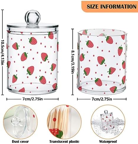 2 Pack Plastic Qtips Holder Strawberry Fruit Bathroom Organizer Canisters for Cotton Balls/Swabs/Pads/Floss,Plastic Apothecary Jars for Vanity