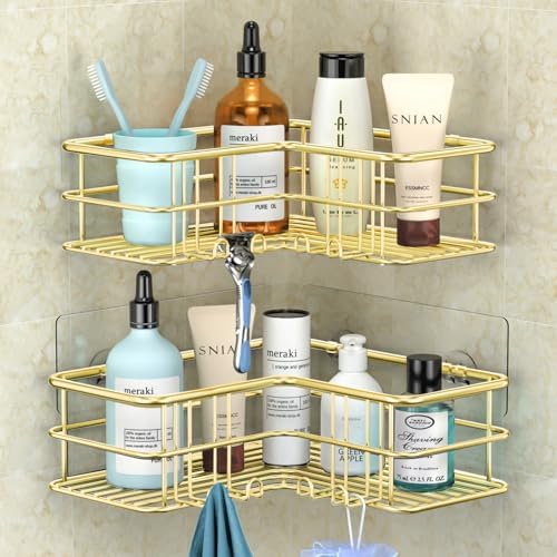 Menbyci 2 Pack Corner Shower Caddy, Adhesive Bathroom Shelf with 8 Hooks, Rustproof Stainless Steel Bathroom Organizer, No Drilling Shower Shelves Basket Wall Storage Rack Shampoo Holder (Gold)