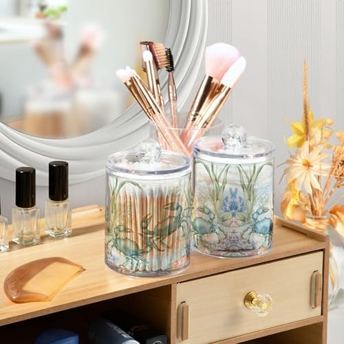 MNSRUU 4 Pack Qtip Holder Organizer Dispenser Crab Bathroom Storage Canister Cotton Ball Holder Bathroom Containers for Cotton Swabs/Pads/Floss