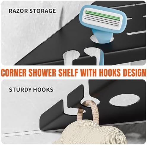 Corner Shower Shelves with Razor Hole & Hooks, Modern Sturdy Shower Shelves