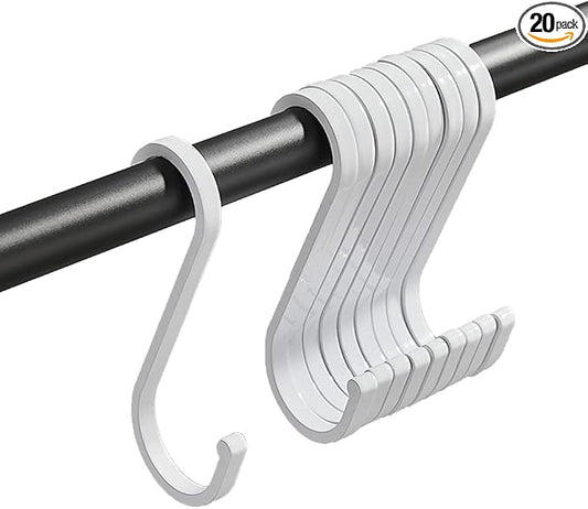 GAViA 20 Pack S Hooks - White Heavy Duty S Shaped Hangers - Pan Pot Holder Rack for Hanging Pans Pots Cups Clothes Bags Towels Plants - Kitchen Bathroom Garden Office