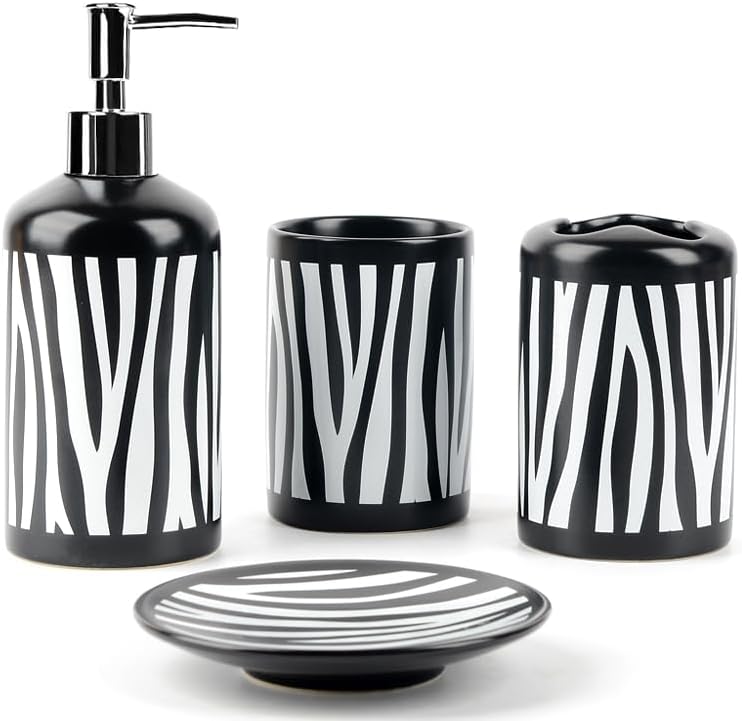WPM 4 Piece Ceramic Bathroom Accessories Set - Zebra Print - Our Complete Bath Decor Kit Includes Designer Soap or Lotion Dispenser - Toothbrush Holder - Tumbler - Soap Dish