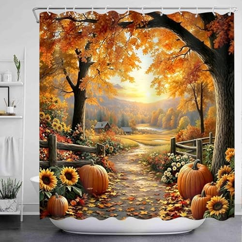 NBVKO Fall Thanksgiving Day Shower Curtain Sets，Autumn Pumpkin Sunflower Bathroom Shower Curtain with Non-Slip Rug Toilet Lid Cover Bath Mat 12 Hooks，Maple Forest Bathroom Decor Set