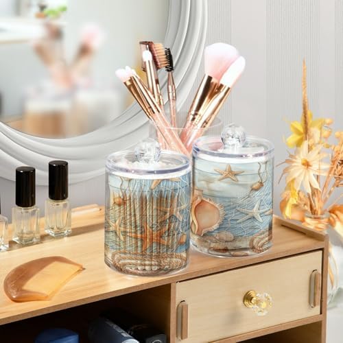 MNSRUU 2 Pack Qtip Holder Organizer Dispenser Summer Beach Conch Seashell Bathroom Storage Canister Plastic Cotton Ball Holder Bathroom Containers for Cotton Swabs/Pads/Floss