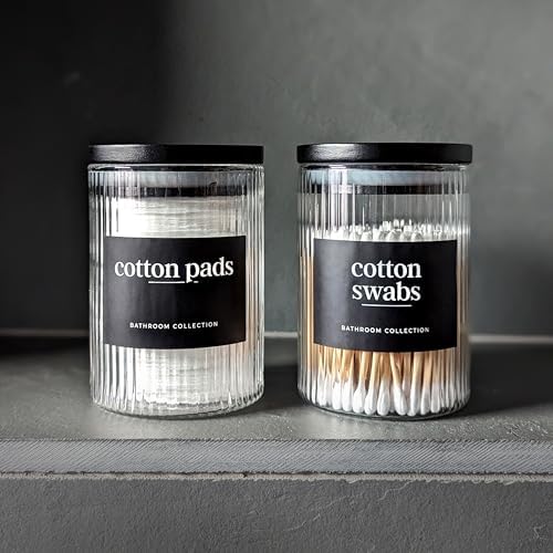 Mason & Fable Ribbed Glass Bathroom Jars with Black Bamboo Lids | Cotton Pad / Swab / Q tip | Bath Salt / Clear Vanity Apothecary Storage Canister Organizer-10fl.oz, Set of 2