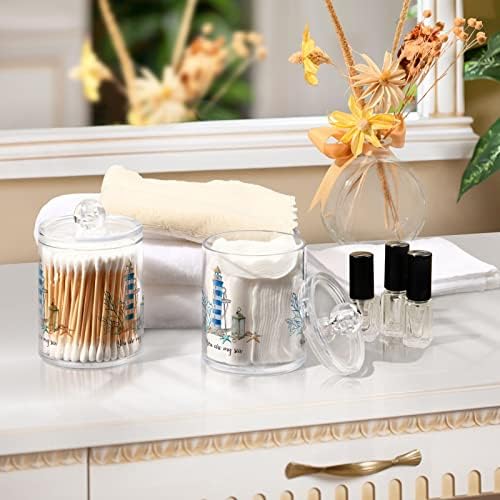 ALAZA Bathroom Canister Set of 2, Watercolor Hand Drawn Nautica Nautical Coastal Lighthouse Anchor Plastic Jars Holder Dispense Qtip Holder Storage Jars with Lids,Home Decor