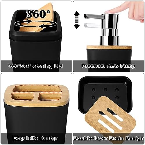 XLHOMO Black Bathroom Set - 9 Piece Accessory Set with Trash Can