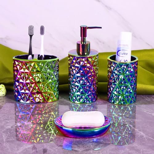 Colorful Bathroom Accessories Set 4 Pcs, Lotion Soap Dispenser, Soap Dish, Toothbrush Holder, Tumbler, Countertop Vanity Organizer for Bathroom Accessory Set