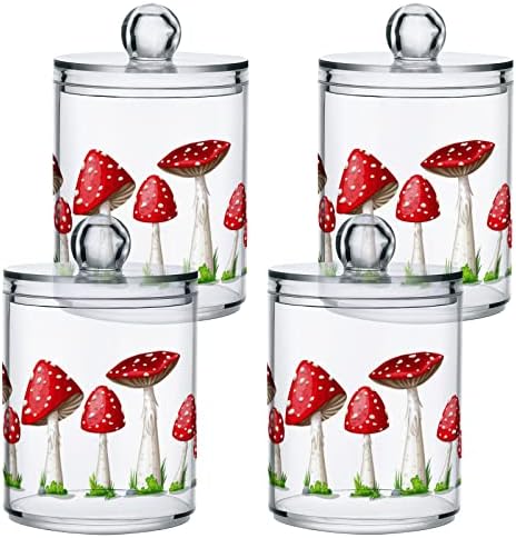 Fustylead 4 Pack Mushroom Qtip Holder Dispensers, Plastic Apothecary Jar Bathroom Accessories Set for Cotton Ball, Swab, Round Pads, Floss