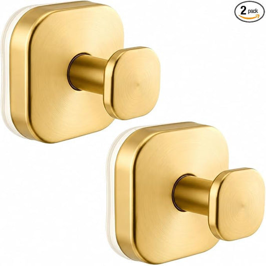 Suction Cup Hooks for Shower, Heavy Duty Stainless Steel Towel Hooks for Bathroom Wall, No Drilling Removable Robe Loofah Holder for Glass Door, Mirror, Kitchen, 2 Pack Brushed Gold