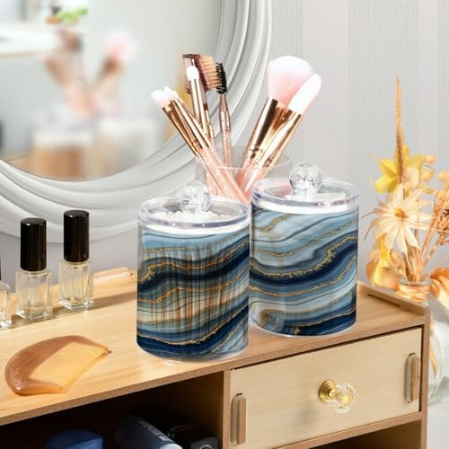 MNSRUU 2 Pack Qtip Holder Organizer Dispenser Purple Blue Marble Ink Bathroom Storage Canister Cotton Ball Holder Bathroom Containers for Cotton Swabs/Pads/Floss