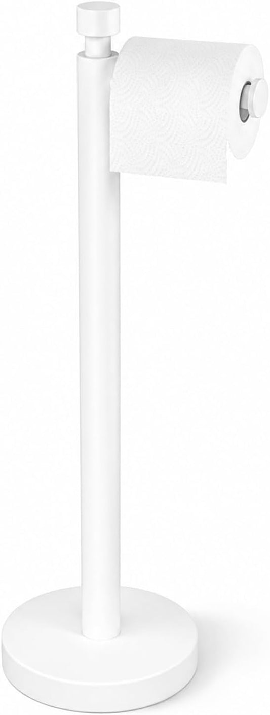 Toilet Paper Holder Stand with Weighted Base, Matte White | Stainless Steel Design with Open-Arm Access for Bathrooms and Powder Rooms