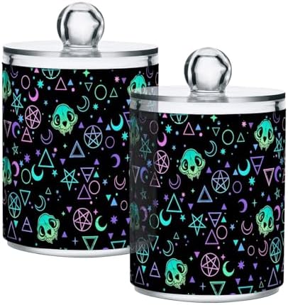 MNSRUU 4 Pack Qtip Holder Organizer Dispenser Magic Skulls Bathroom Containers Bathroom Vanity Storage Canister Apothecary Jars for Cotton Swabs/Pads/Floss