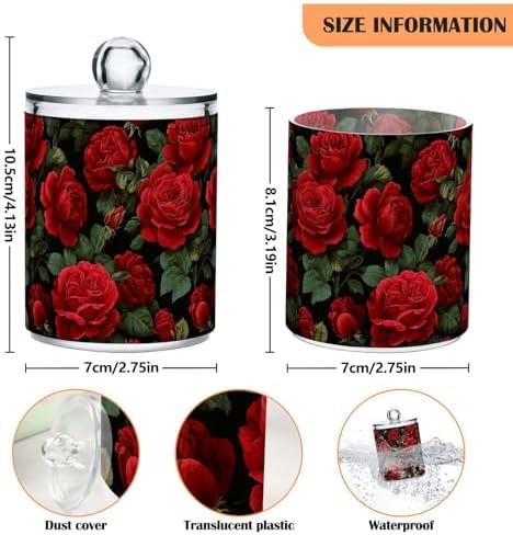 Gredecor Qtip Holder Dispenser 2 Pack Red Rose Flowers Leaves Bathroom Decorative Storage Canister Holder Counter Vanity Organizer for Cotton Ball Swabs Pads Floss