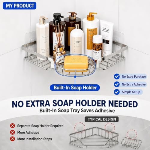 Corner Shower Caddy, Rustproof Shower Organizer with Soap Holder and 8 Hooks, No Drilling Adhesive Shower Shelves for Inside Shower, Large Capacity Shower Rack for Bathroom Shower Storage, Sliver