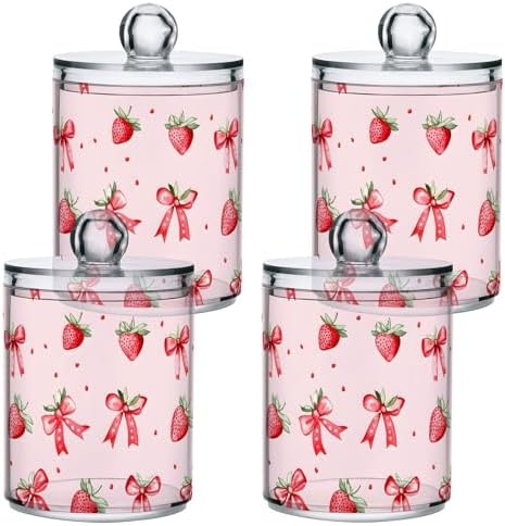 ALAZA Strawberry Bow Polka Dots 2 Pack Qtip Holder Dispenser for Cotton Swabs, Balls, Pads, Floss 10 oz Plastic Canister Organizer