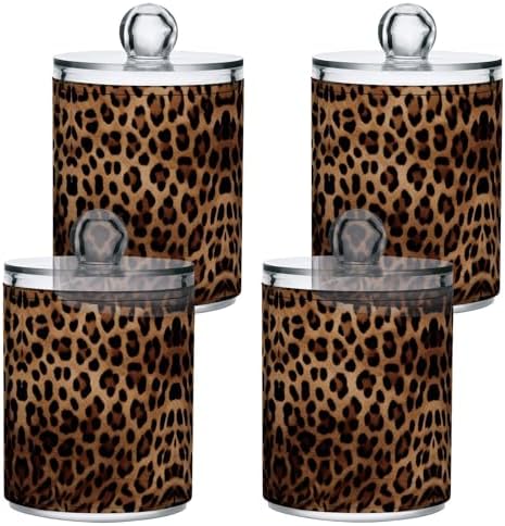 Leopard Print Apothecary Jar with Lid, 10oz Clear Plastic Storage Jar for Bathroom, Qtip Holder Organizer for Cotton Balls, Swabs, Pads, 4 Pack