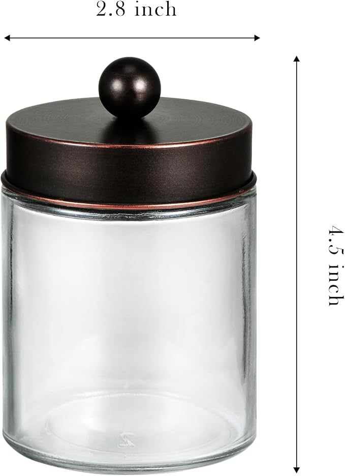 SheeChung 2 Pack Glass Qtip Holder with ORB Stainless Steel Lids | Apothecary Jars with Stickers, Modern Farmhouse Bathroom Vanity Organizer for Cotton Swabs, Balls, Pads (Oil Rubbed Bronze)